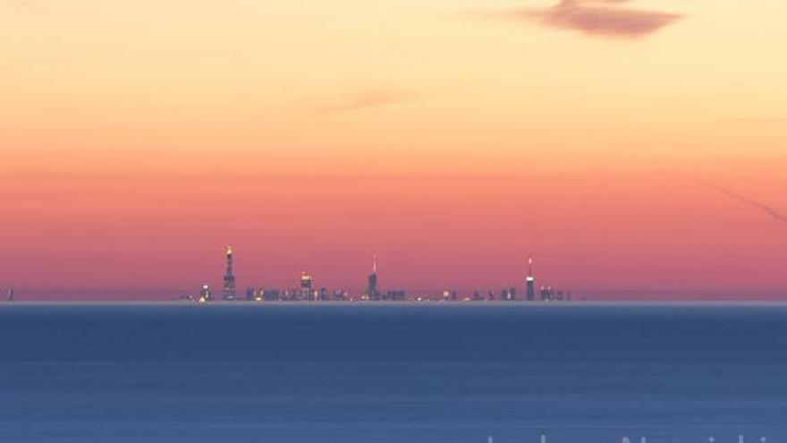 A picture of the Chicago skyline taken almost 60 miles away, is actually a mirage.